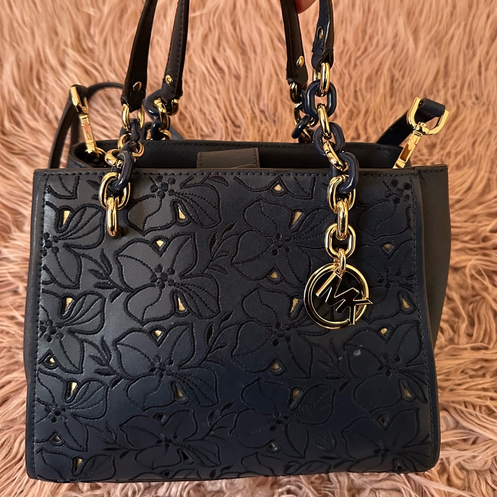 Michael Kors Sophia North South Navy Floral Crossbody Satchel with Gold Accents - Picture 3 of 11